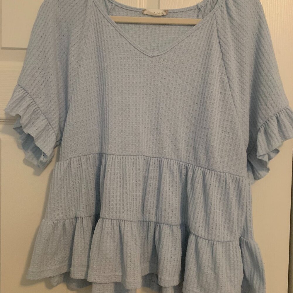 Altar'd State Blue Flutter Sleeve Blouse with Tiered Design